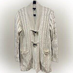 Talbots Long Fishermans Sweater Cardigan Duster Toggle Large Cream White